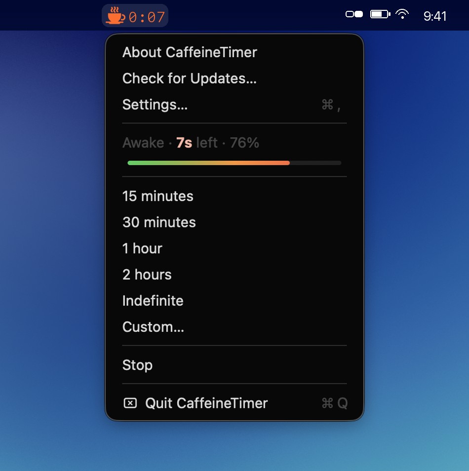 CaffeineTimer menu bar dropdown with a running timer: red cup and countdown, live progress bar, preset durations, Custom, and Stop