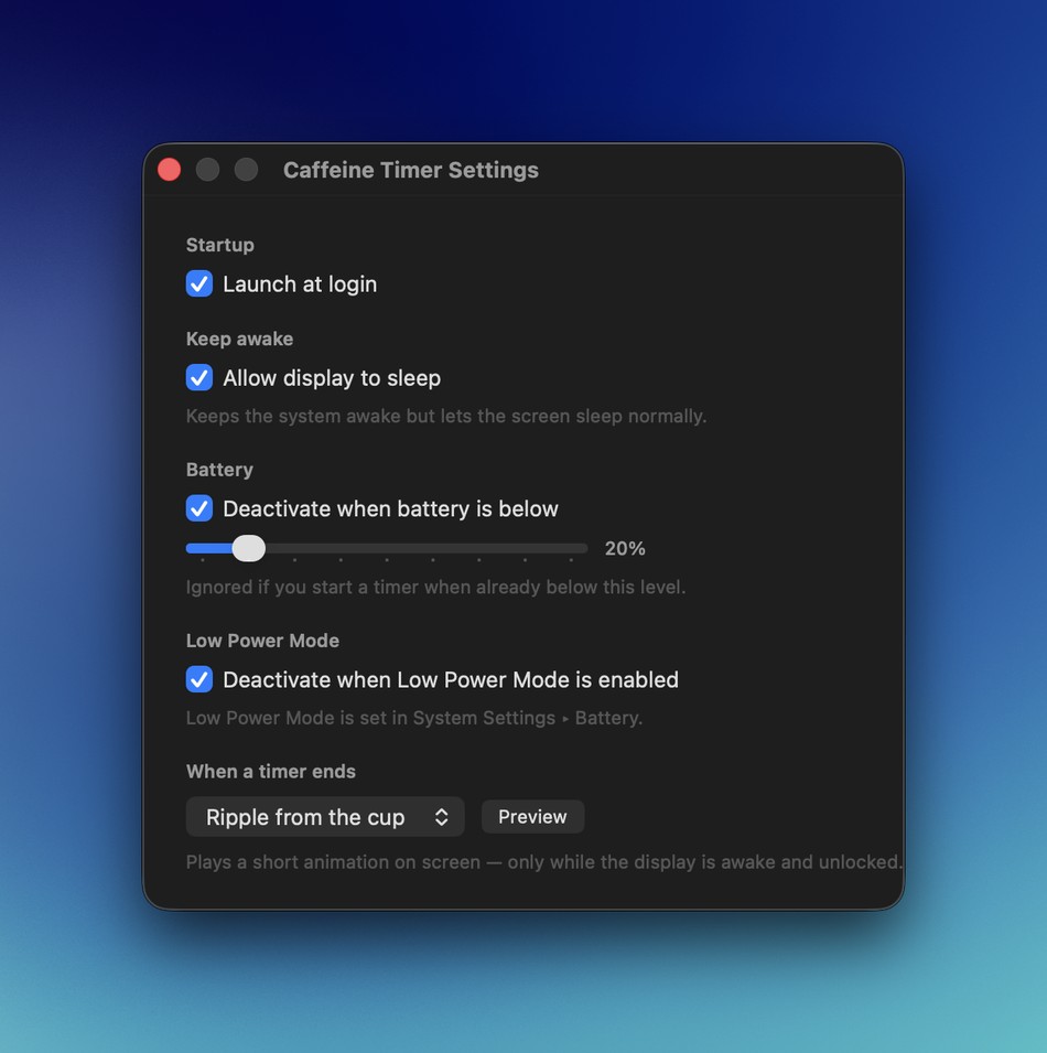 CaffeineTimer Settings window: launch at login, allow display to sleep, battery and Low Power Mode guards, and a timer-end animation picker
