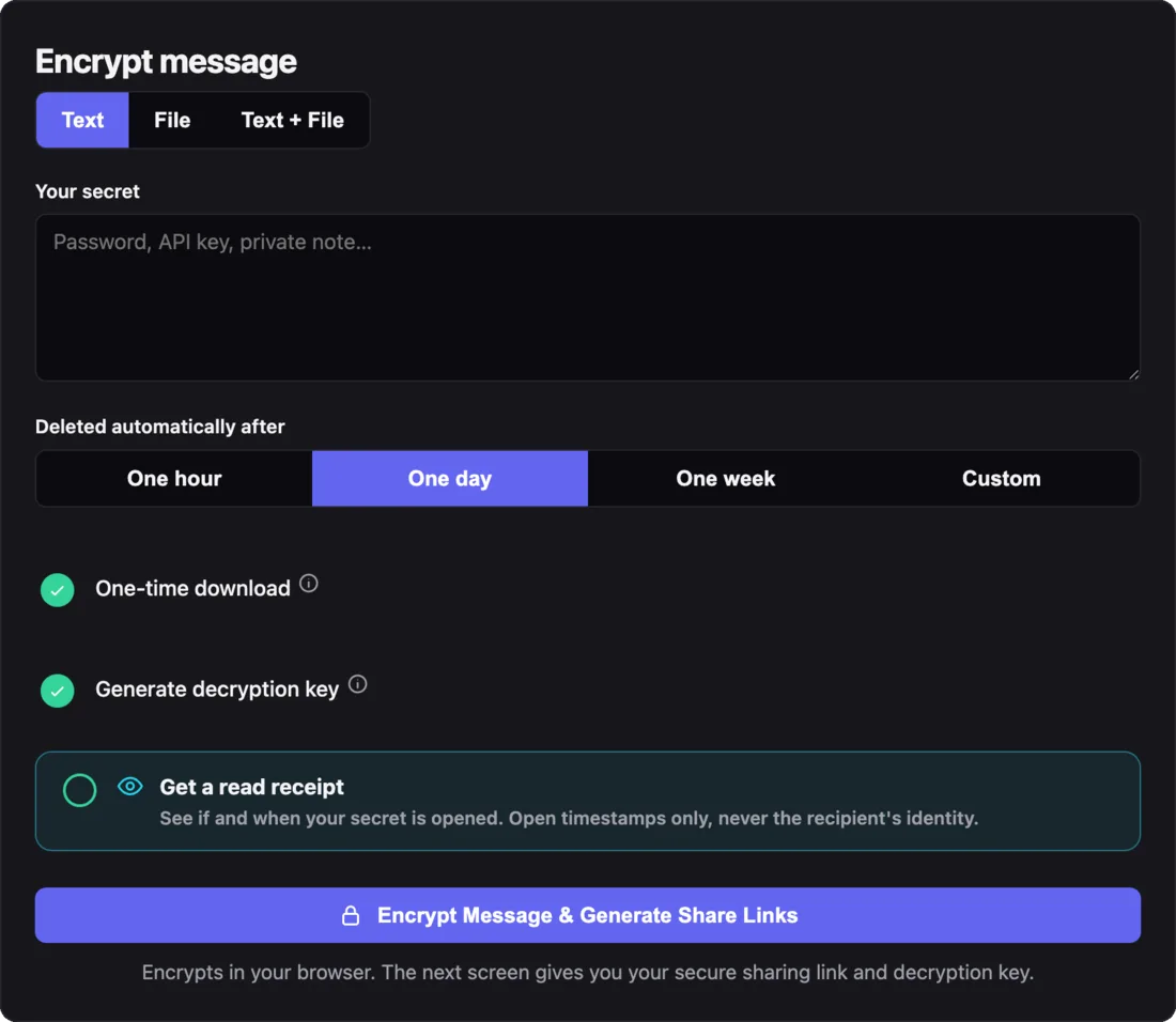 EncryptedSend compose screen: text, file or text-and-file tabs, a box for your secret, an auto-delete window, one-time download and generated-key toggles, an optional read receipt, and the encrypt button