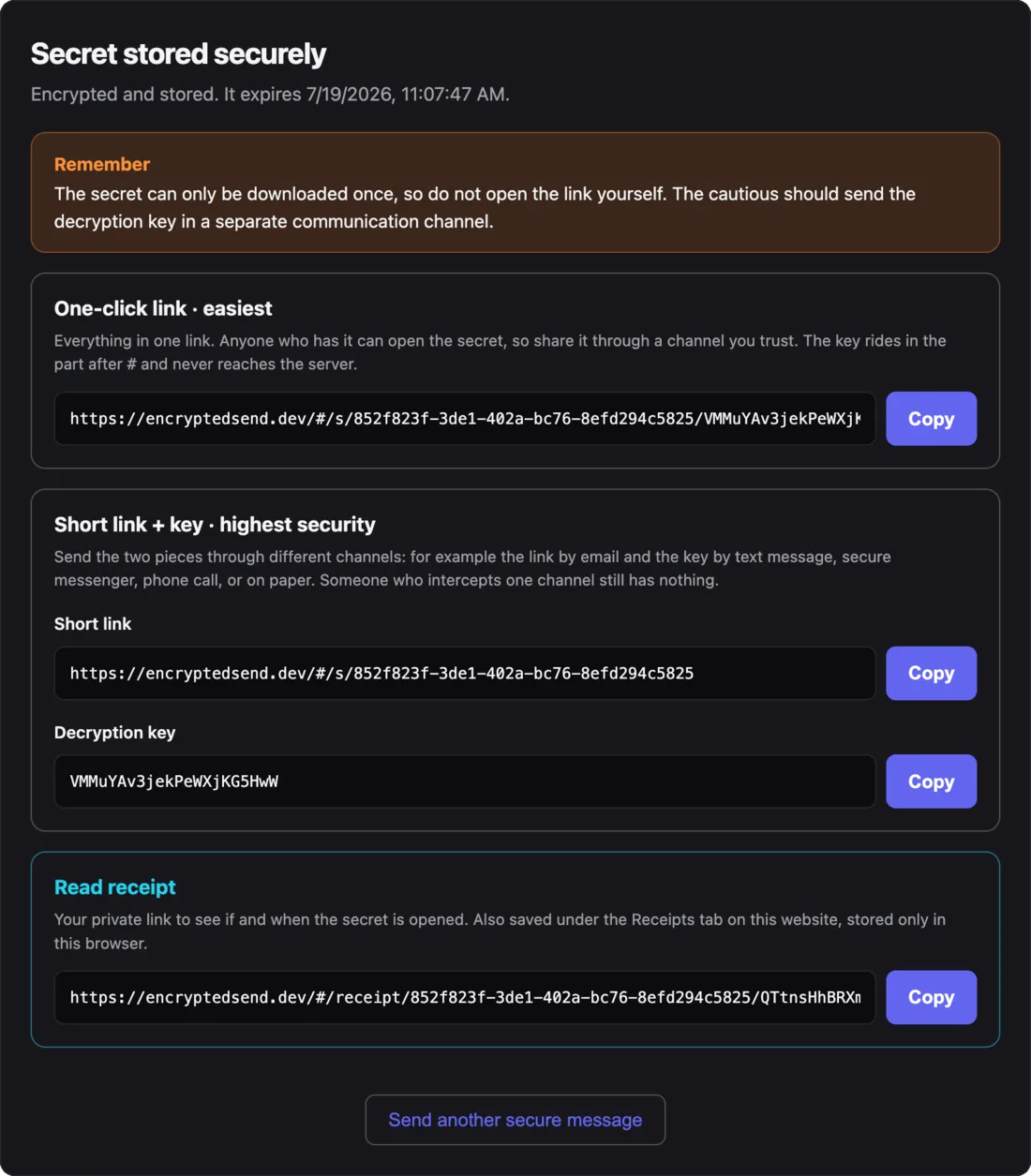 EncryptedSend share screen: a one-click link, a short link paired with a separate decryption key, and a private read-receipt link, each with a copy button