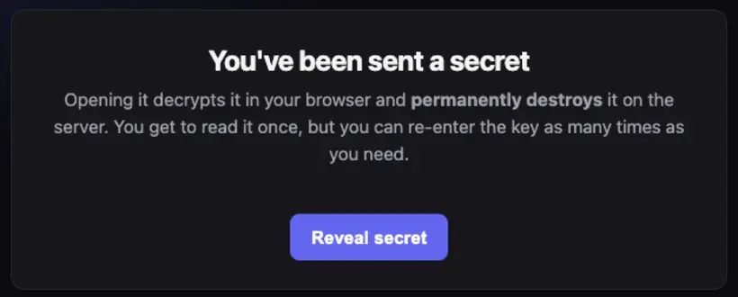 EncryptedSend recipient reveal screen — “You've been sent a secret” with a Reveal button